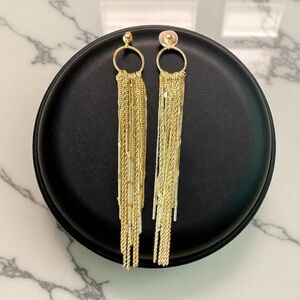 Long Dangle Fringe Shoulder Duster Earrings Gold Tone Pierced